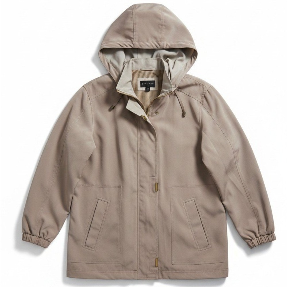 Braetan Hooded Anorak Jacket, Beige Zip Front, Striped Lining, Women's Medium
